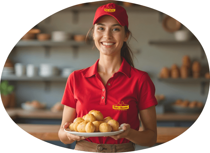 Imagem de uma representante segurando uma cesta de pães de queijo